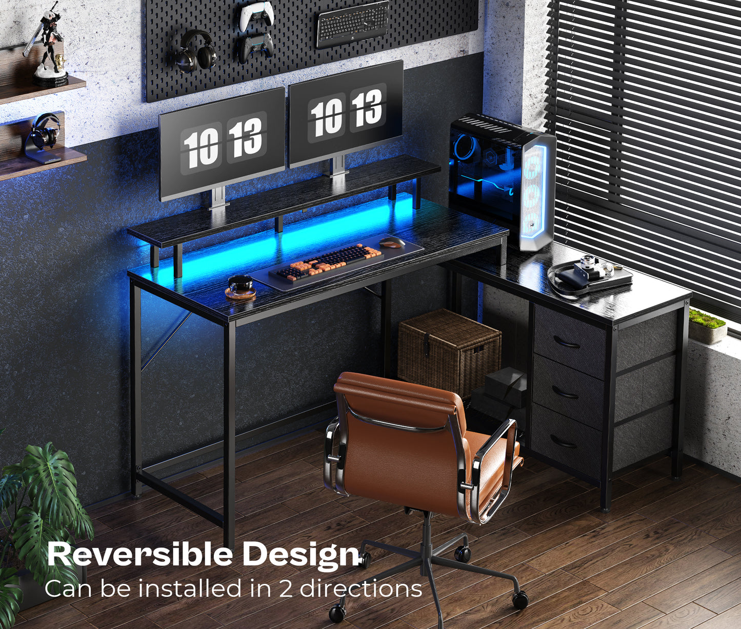 Huuger L Shaped Computer Desk with LED Lights and Power Outlets, Gaming Desk with Drawers & Storage Shelf, Reversible Corner Desk with Monitor Stand, Black