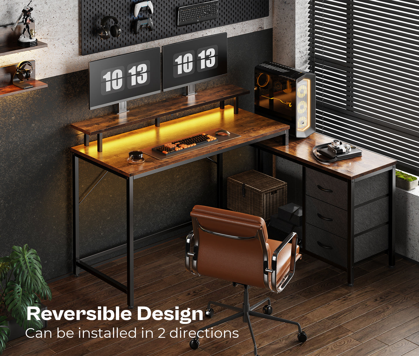 Huuger L Shaped Computer Desk with LED Lights and Power Outlets, Gaming Desk with Drawers & Storage Shelf, Reversible Corner Desk with Monitor Stand, Rustic Brown