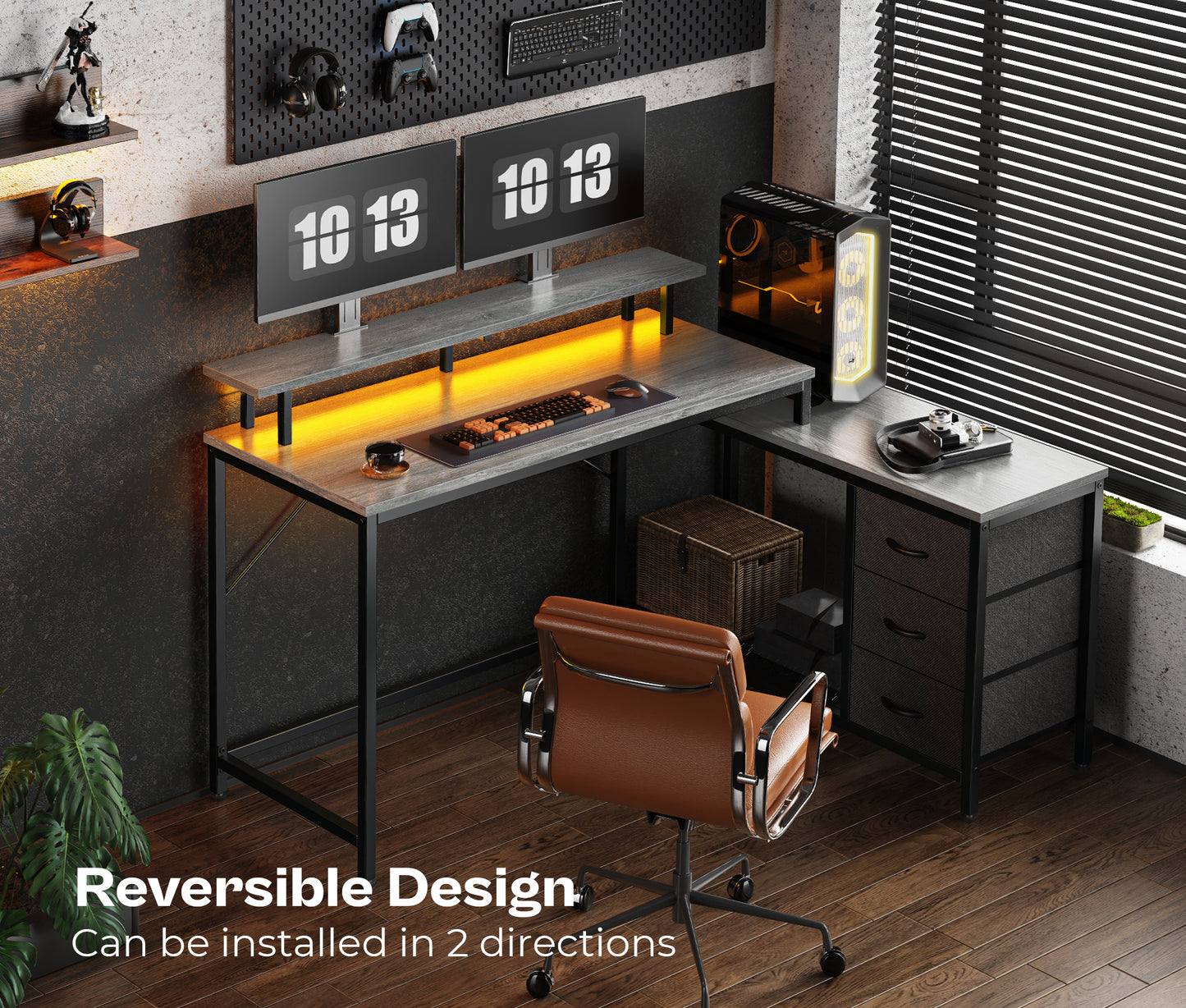 Huuger L Shaped Computer Desk with LED Lights and Power Outlets, Gaming Desk with Drawers & Storage Shelf, Reversible Corner Desk with Monitor Stand, Gray