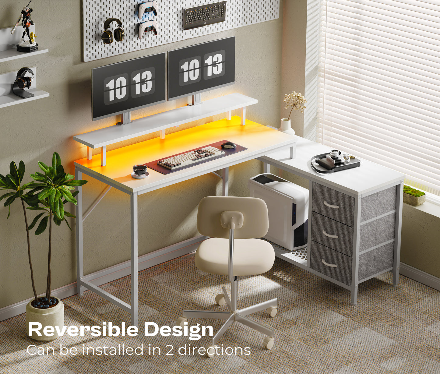 Huuger L Shaped Computer Desk with LED Lights and Power Outlets, Gaming Desk with Drawers & Storage Shelf, Reversible Corner Desk with Monitor Stand, White