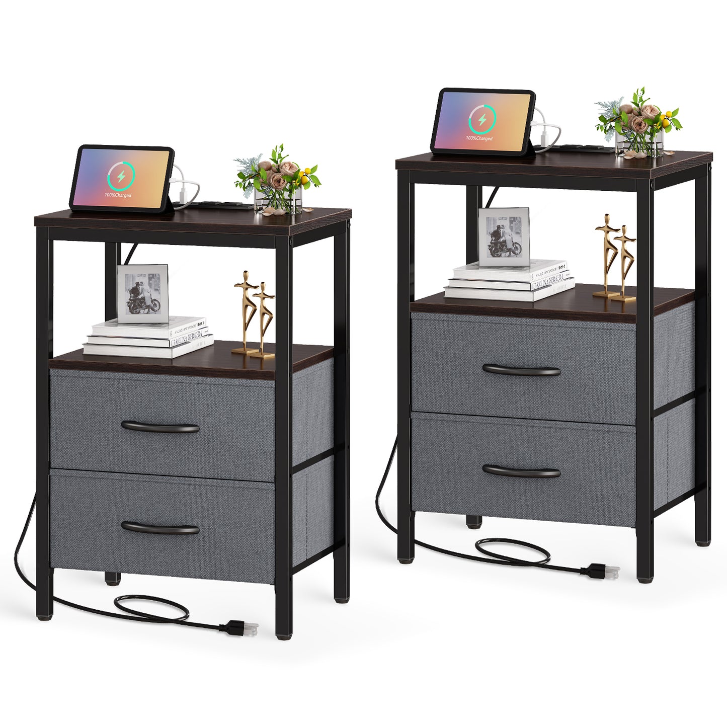Huuger Nightstands Set of 2, End Tables, Side Tables with Fabric Drawers, Bedside Tables with USB Ports and Outlets, Walnut