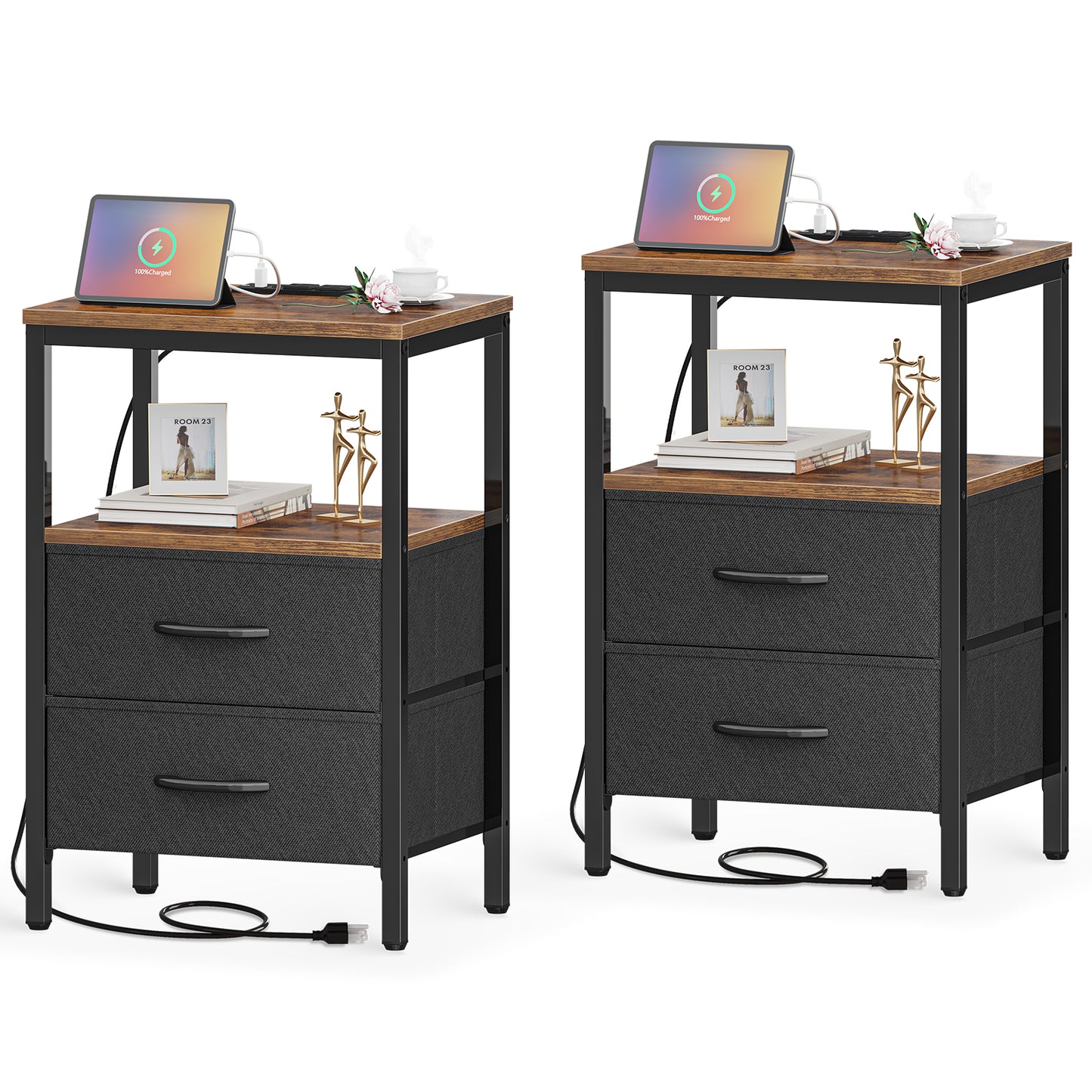 Huuger Nightstands Set of 2, End Tables, Side Tables with Fabric Drawers, Bedside Tables with USB Ports and Outlets, Vintage Brown