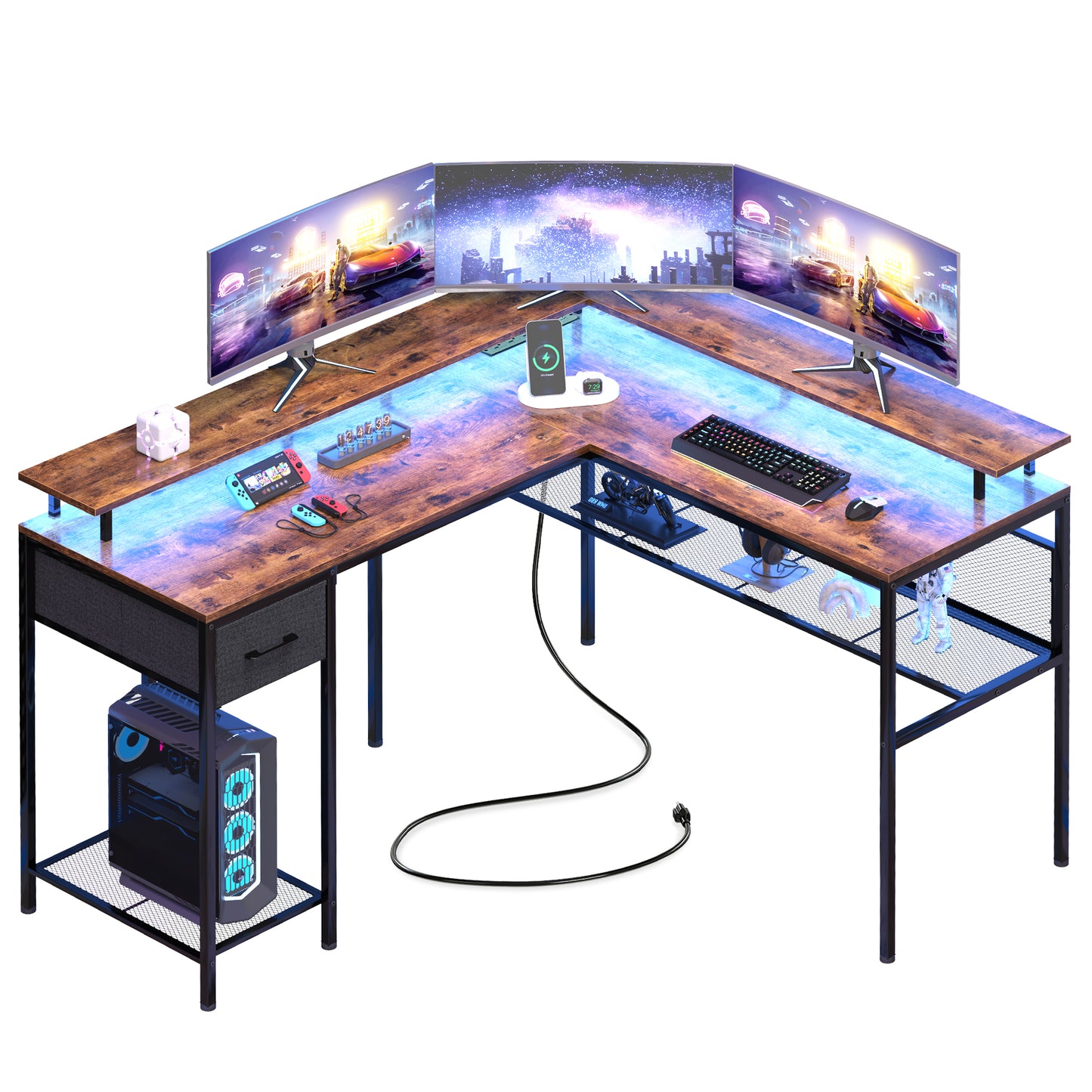 Huuger L Shaped Desk Computer Desk with LED Lights & Power Outlets, Gaming Desk with Storage Shelves, Corner Desk Home Office Desk, Rustic Brown