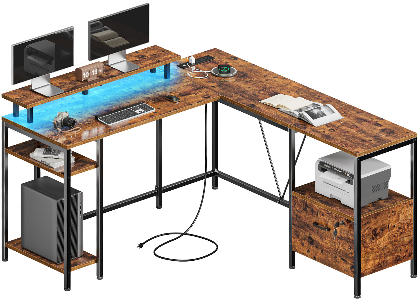 Huuger L Shaped Computer Desk with Power Outlets & LED Lights, Reversible Computer Desk with File Cabinet & Storage Shelves, Corner Desk Home Office Desk, Rustic Brown