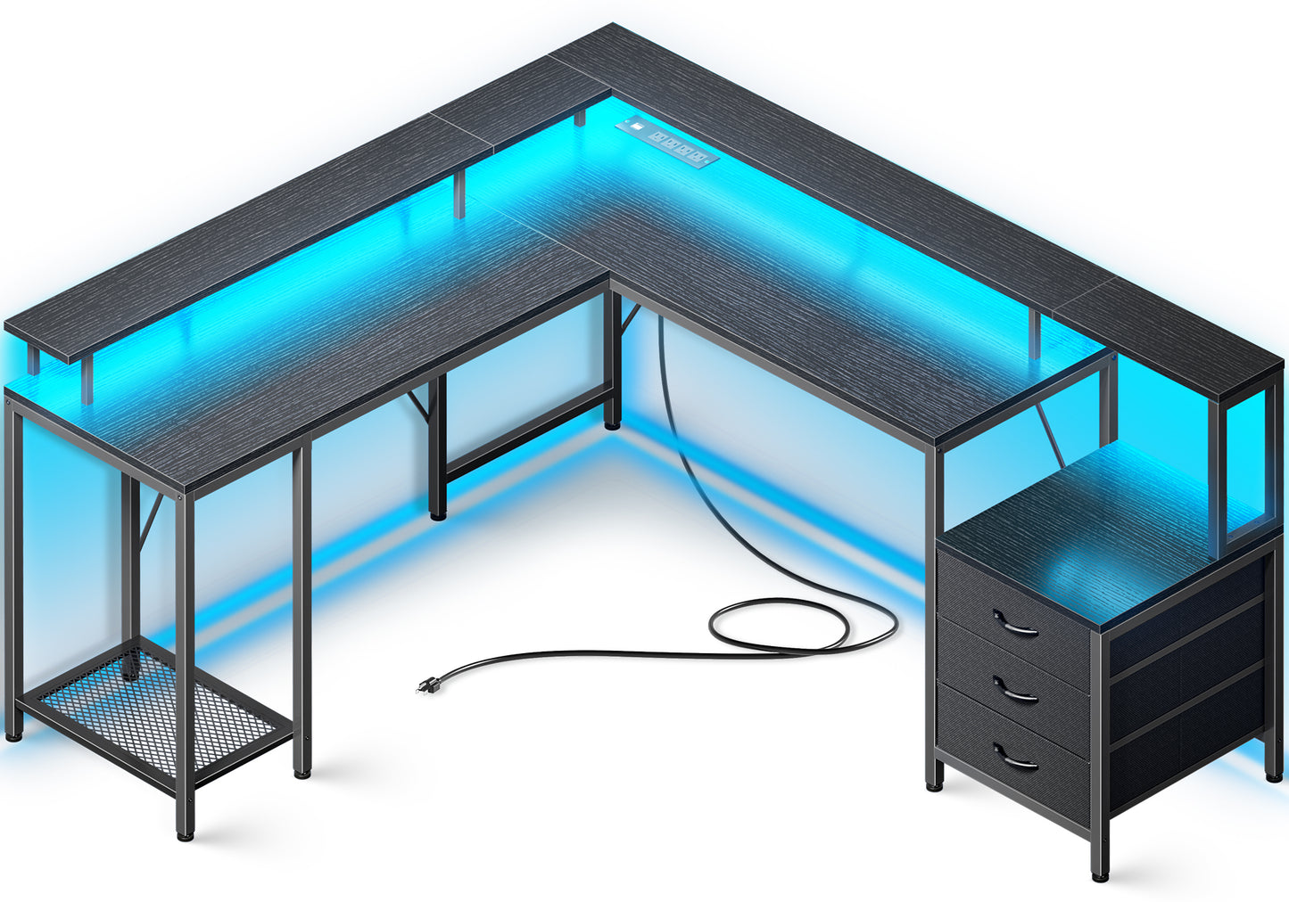 Huuger L Shaped Gaming Desk with LED Lights and Power Outlets, Computer Desk with 3 Drawers, 66.1 Inches Corner Desk, Home Office Desk with Printer and Monitor Stand, Large Storage Space, Black