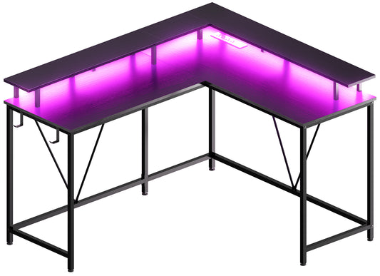 Huuger L Shaped Gaming Desk with LED Lights & Power Outlets, Monitor Stand & Hooks, Home Office Desk, Corner Gaming Desk, Black