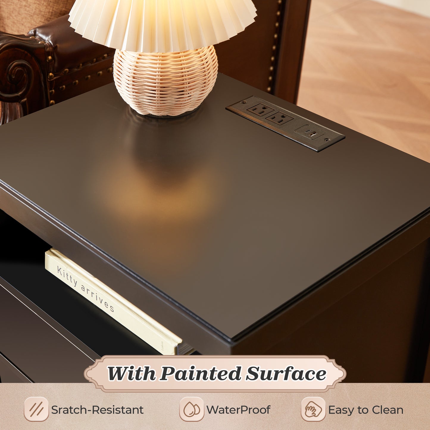 Huuger Black Nightstand Set of 2, Night Stand with Charger Station, Bedside Table with 2 Drawers, Bed Side Tables for Bedroom, Modern Nightstands, Metal Knobs, Painted Surface