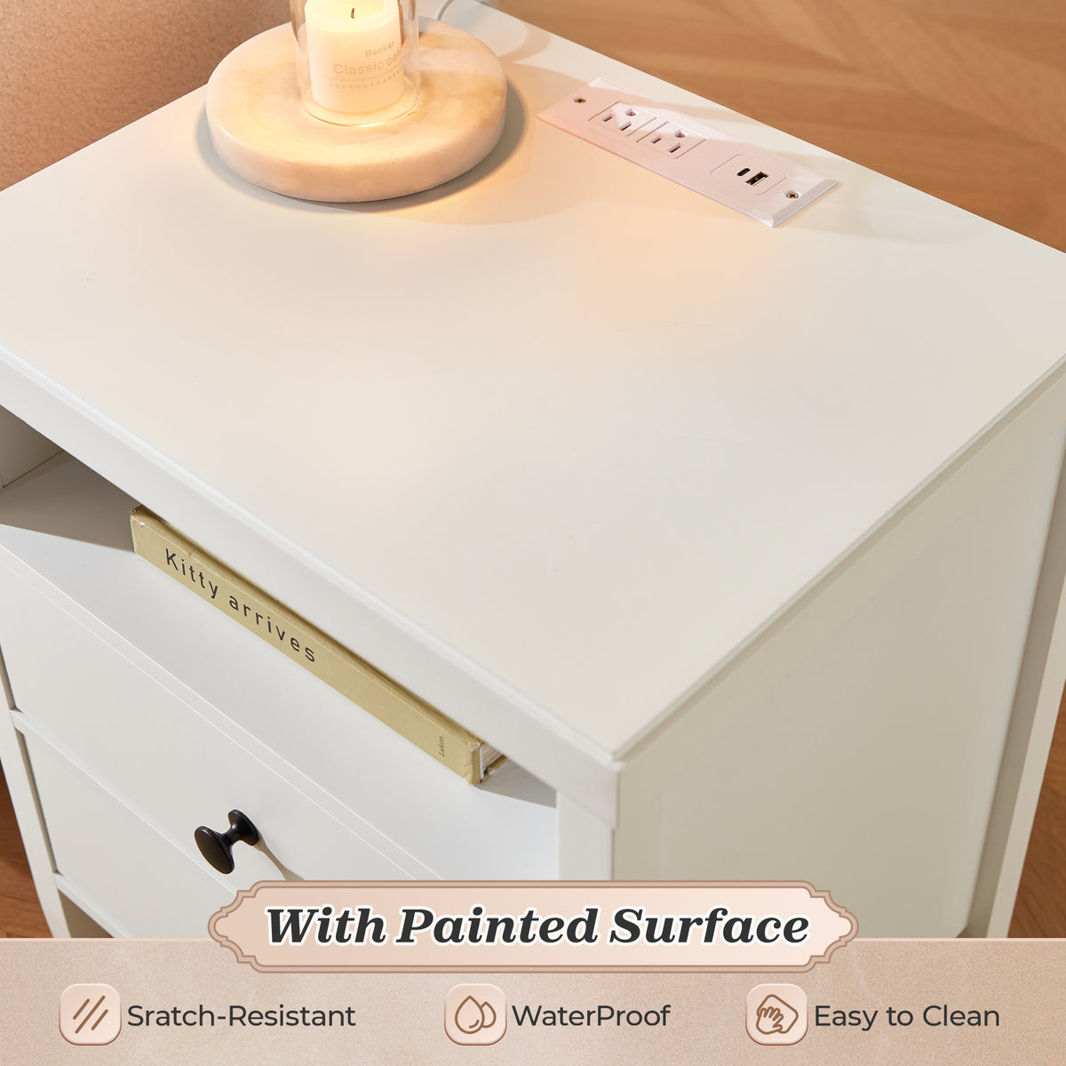 Huuger White Nightstand Set of 2, Night Stand with Charger Station Bedside Table with 2 Drawers, Bed Side Tables for Bedroom, Modern Nightstands, Metal Knobs, Painted Surface