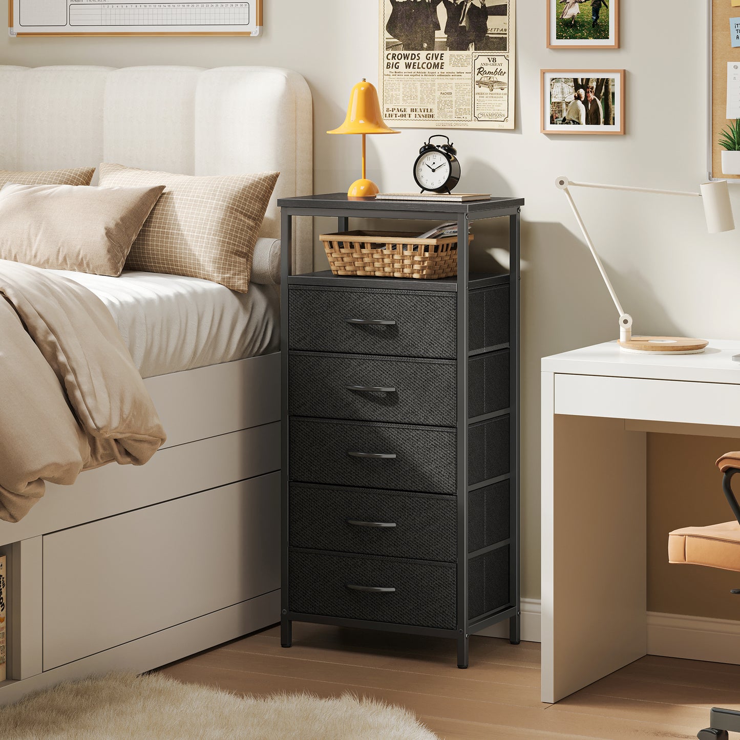 Huuger 5 Drawers Dresser with Charging Station, Dresser for Bedroom, Tall Night Stand, Chest of Drawers with Open Shelf, Bedside Table Nightstand, Fabric Storage Drawers, for Entryway, Black