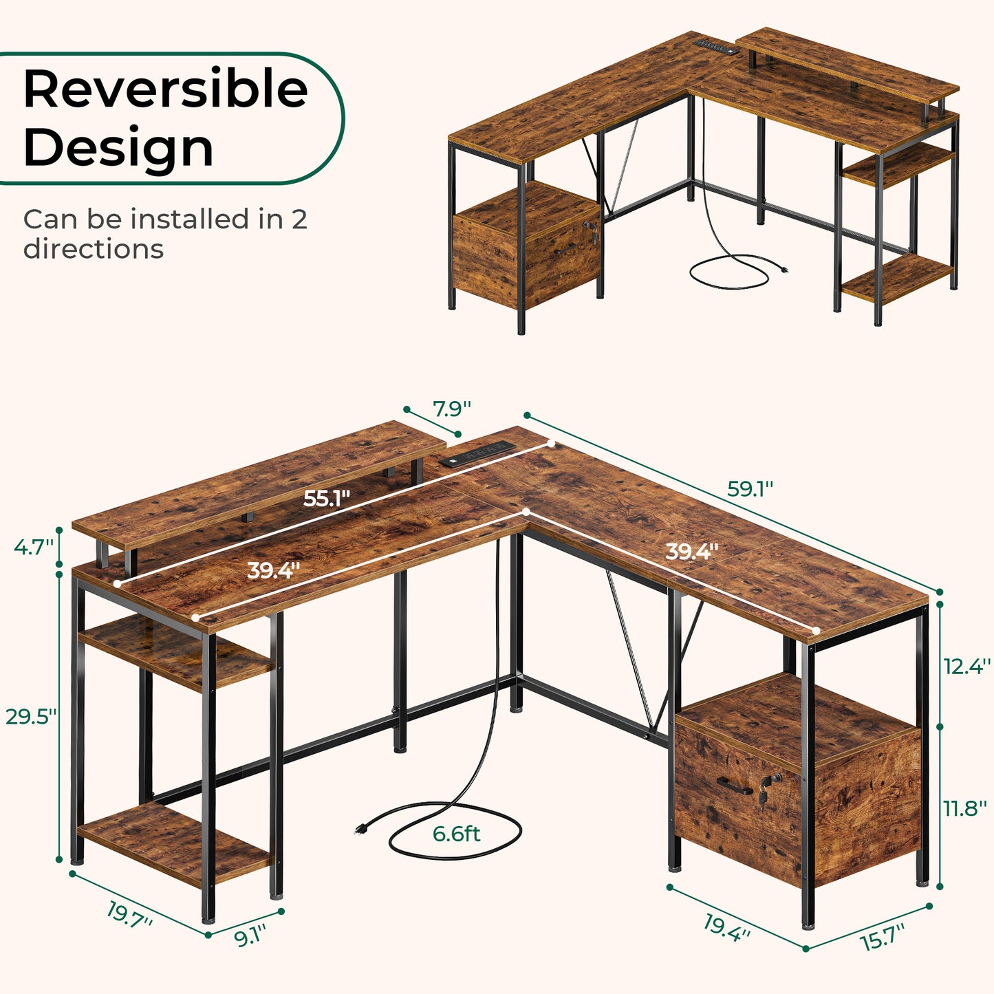 Huuger L Shaped Computer Desk with Power Outlets & LED Lights, Reversible Computer Desk with File Cabinet & Storage Shelves, Corner Desk Home Office Desk, Rustic Brown