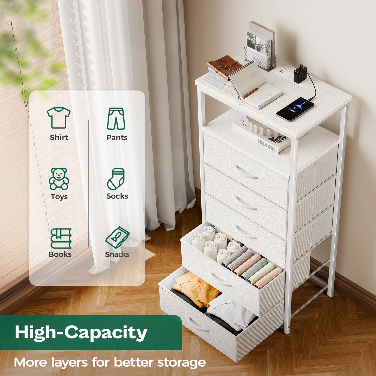 Huuger 5 Drawers Dresser with Charging Station, Dresser for Bedroom, Tall Night Stand, Chest of Drawers with Open Shelf, Bedside Table Nightstand, Fabric Storage Drawers, for Entryway, White