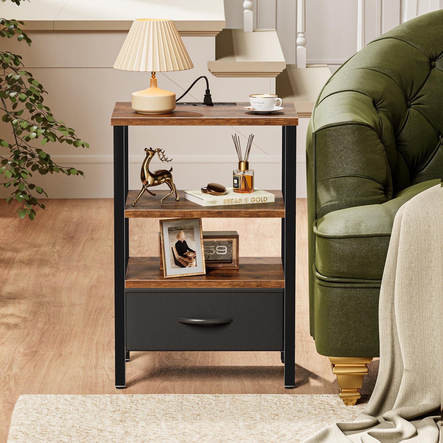 SUPERJARE Nightstand with Charging Station, USB-C Port, Bedside Table Night Stand for Bedroom, with Adjustable Fabric Drawer, 3-Tier Storage End Table, for Living Room, Rustic Brown & Black