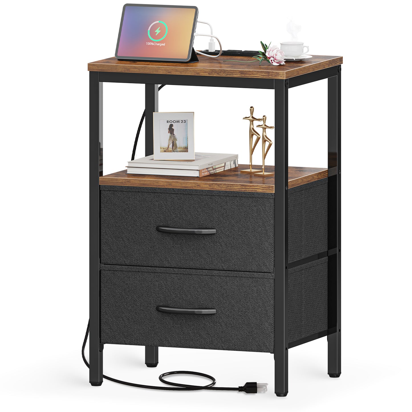 Huuger Nightstand with Charging Station, Side Table with Fabric Drawers, End Table with Open Shelf, Bedside Table with USB Ports and Outlets, Vintage Brown
