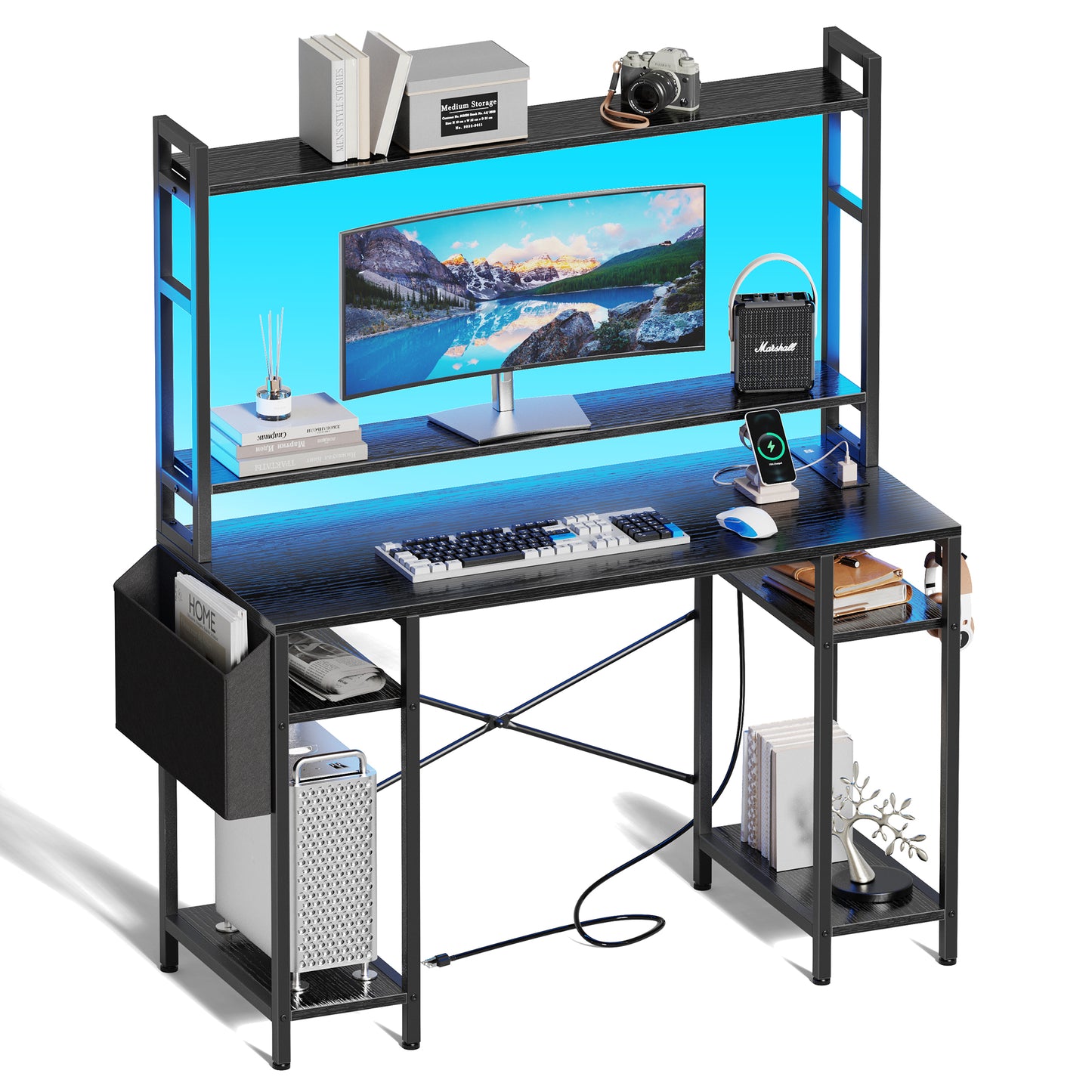 Huuger 47 inch Computer Desk with Adjustable Shelves, Gaming Desk with LED Lights & Power Outlets, Home Office Desk with Monitor Stand, Hooks & CPU Stand, Black