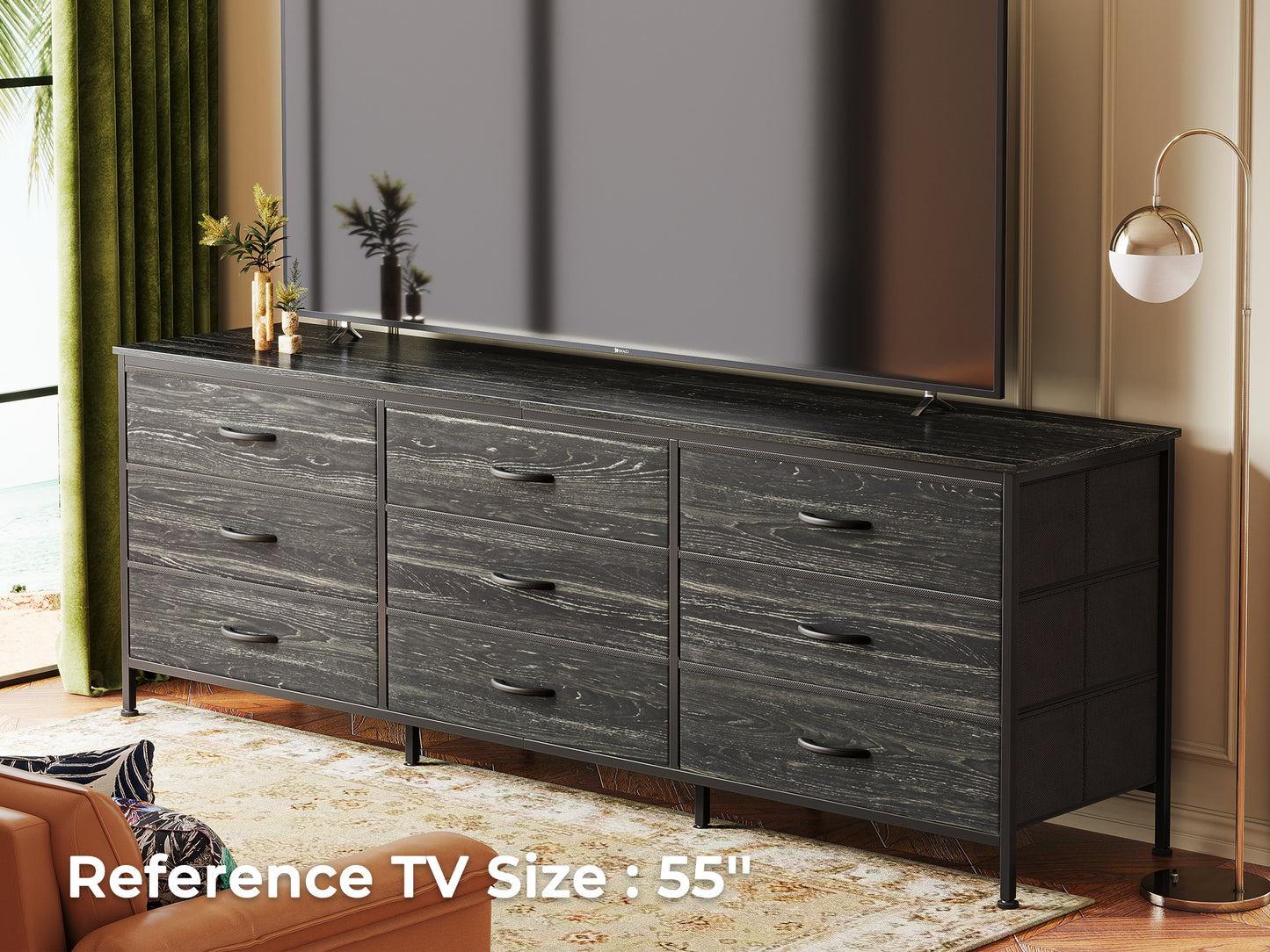 Huuger 9 Drawer Dresser, 63 Inch Dresser TV Stand for 55, 65, 70 Inch TV, Entertainment Center with Drawers, Large Long Fabric Dresser for Bedroom, Closet, Charcoal Black Wood Grain Print
