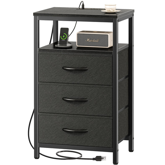 Huuger Nightstand with Charging Station, 27.6 Inch Side Table with Fabric Drawers, End Table Bedside Table with USB Ports and Outlets, Night Stand for Bedroom, Black
