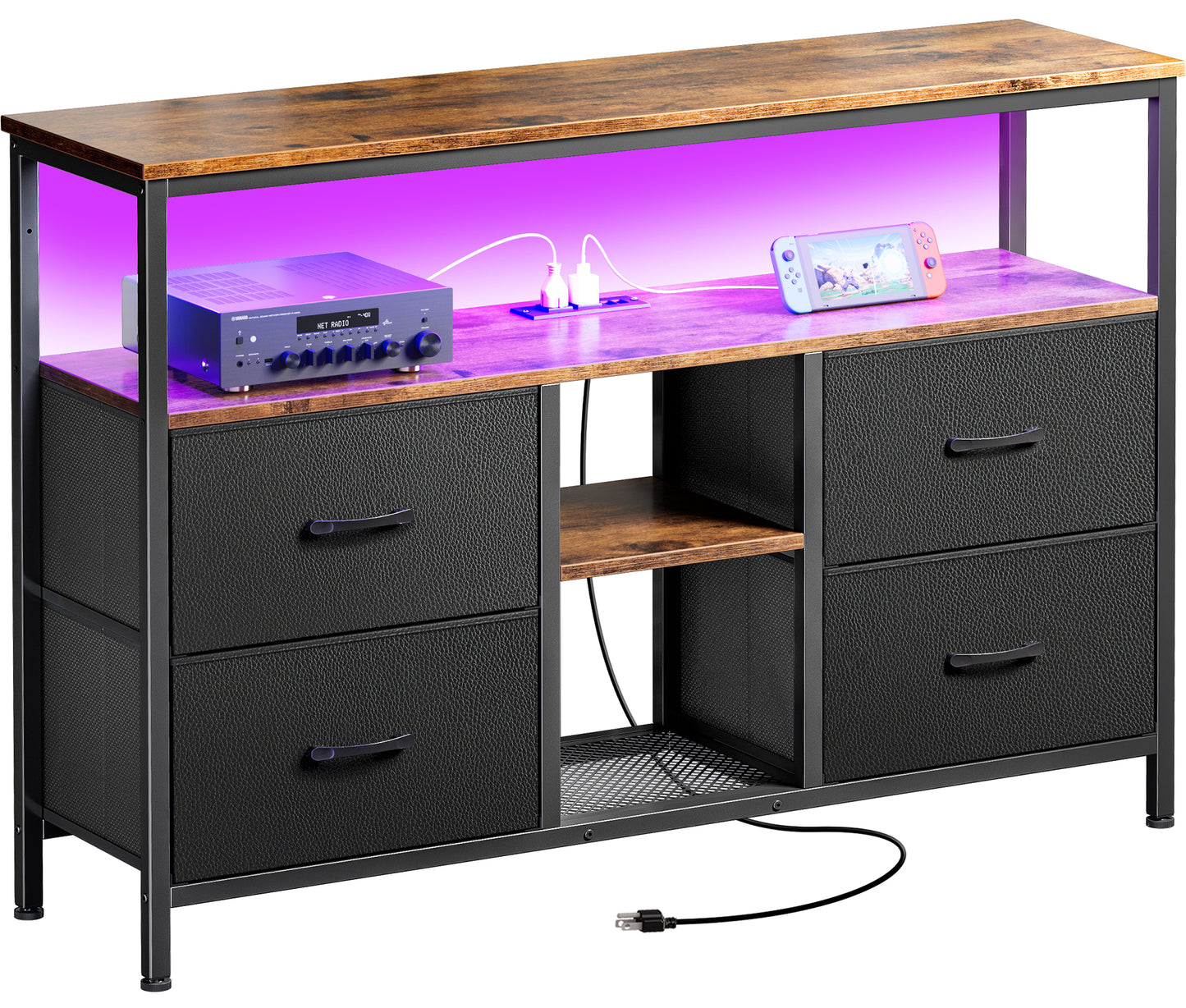 Huuger TV Stand Dresser with Power Outlets and LED Lights, 4 Drawers Entertainment Center with Open Shelf, Media Console for 50 43 Inch TV, Dresser with PU Finish, Rustic Brown and Black