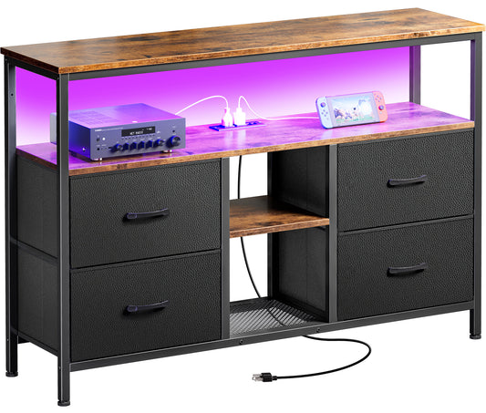 Huuger TV Stand Dresser with Power Outlets and LED Lights, 4 Drawers Entertainment Center with Open Shelf, Media Console for 50 43 Inch TV, Dresser with PU Finish, Rustic Brown and Black