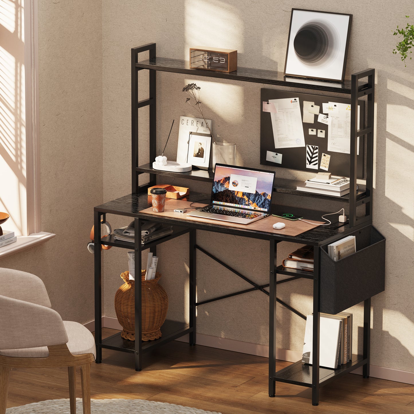Huuger 47 inch Computer Desk with Adjustable Shelves, Gaming Desk with LED Lights & Power Outlets, Home Office Desk with Monitor Stand, Hooks & CPU Stand, Black