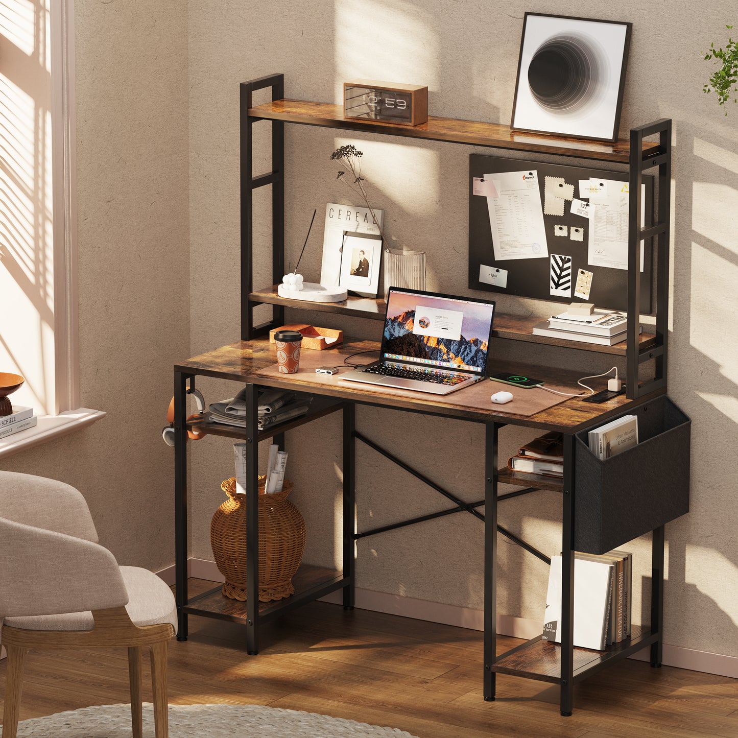 Huuger 47 inch Computer Desk with Adjustable Shelves, Gaming Desk with LED Lights & Power Outlets, Home Office Desk with Monitor Stand, Hooks & CPU Stand, Rustic Brown
