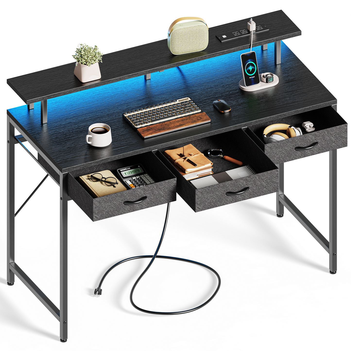 Huuger 55 inch Computer Desk with 3 Drawers, Office Desk Gaming Desk with LED Lights & Power Outlets, Black