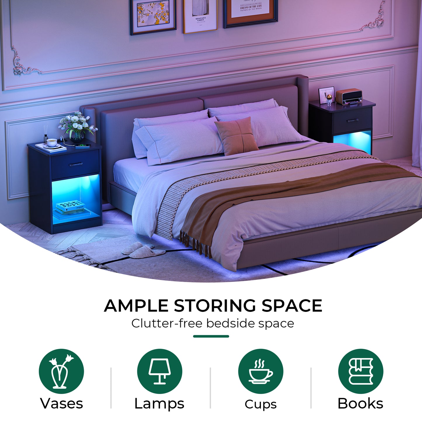 Huuger Nightstands Set of 2, Night Stands with Charging Station & LED Light Strips, Bedside Tables with Drawer, Side Tables Bedroom, Open Storage, Black