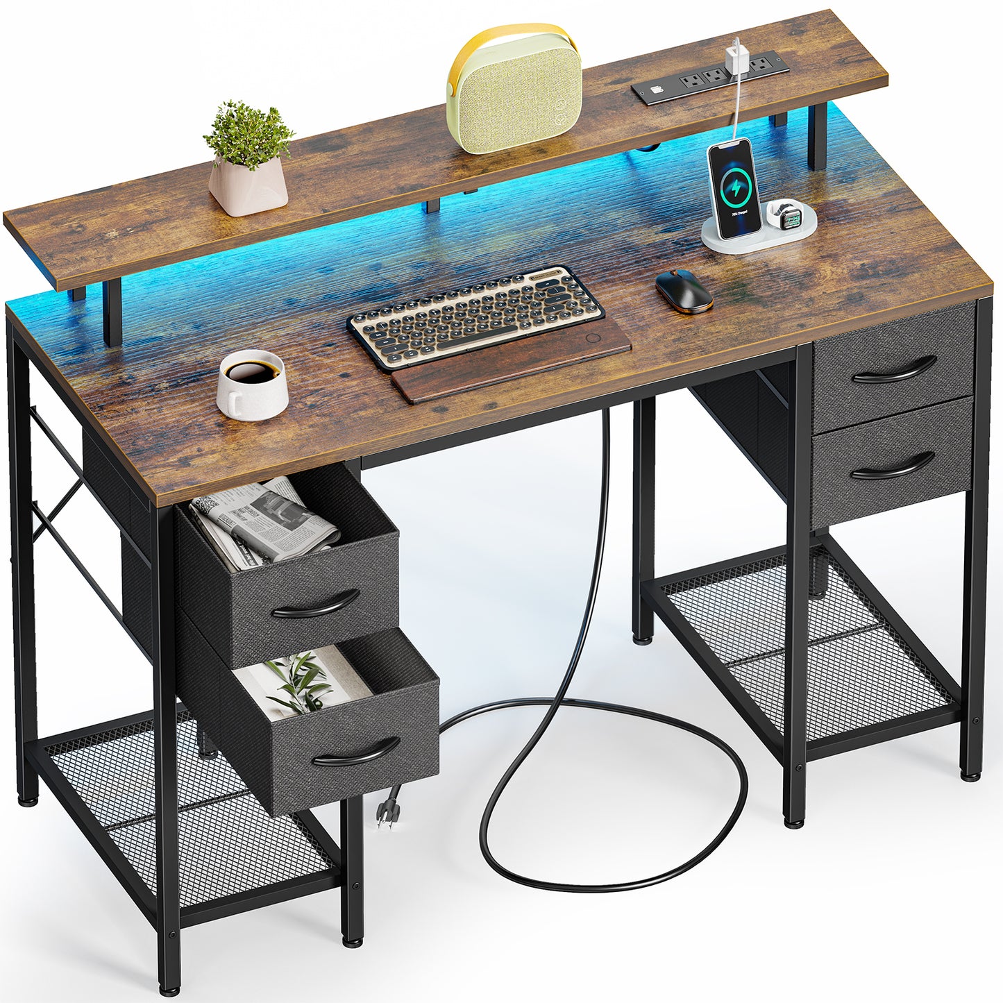 Huuger 47 inch Computer Desk with 4 Drawers, Gaming Desk with LED Lights & Power Outlets, Home Office Desk with Large Storage Space for Bedroom, Work from Home, Rustic Brown