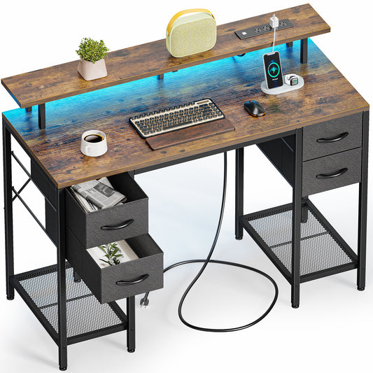 Huuger 47 inch Computer Desk with 4 Drawers, Gaming Desk with LED Lights & Power Outlets, Home Office Desk with Large Storage Space for Bedroom, Work from Home, Rustic Brown