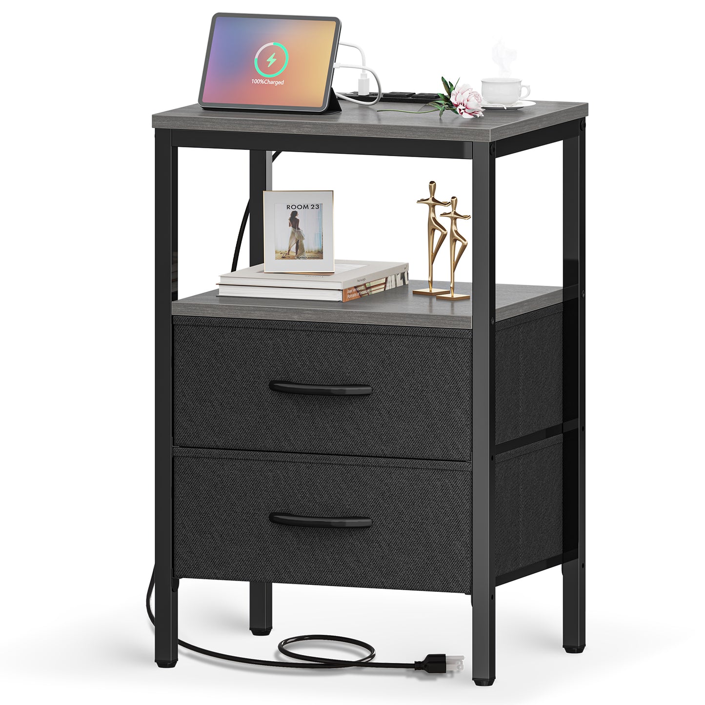 Huuger Nightstand with Charging Station, Side Table with Fabric Drawers, Open Shelf, Bedside Table with USB Ports and Outlets, Charcoal Gray