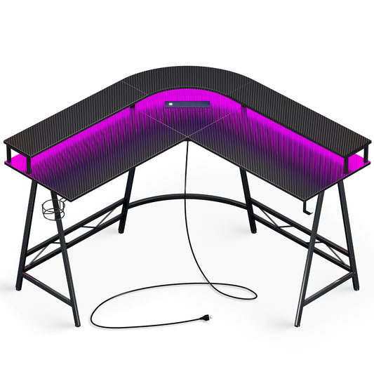 Huuger L Shaped Desk Gaming Desk with LED Lights & Power Outlets, Computer Desk with Monitor Shelves, Cup Holder & Hook, Carbon Fiber Black