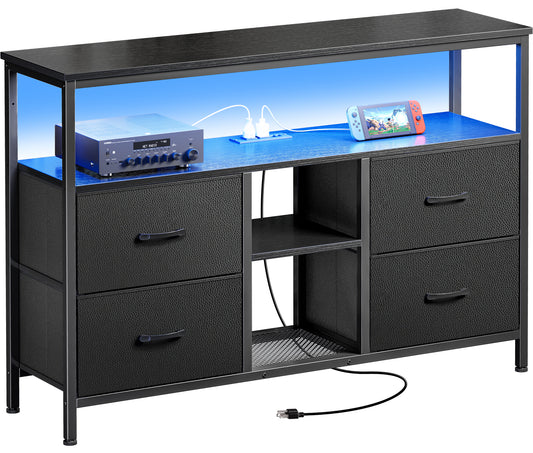 Huuger TV Stand Dresser with Power Outlets and LED Lights, 4 Drawers Entertainment Center with Open Shelf, Media Console for 50 43 Inch TV, Dresser with PU Finish, Black