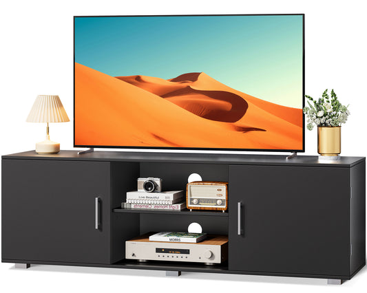 Huuger TV Stand for 55 Inch TV, Entertainment Center with Storage, 2 Cabinets, TV Console Media Cabinet with 6 Cable Holes, Black TV Stand for Living Room, Bedroom