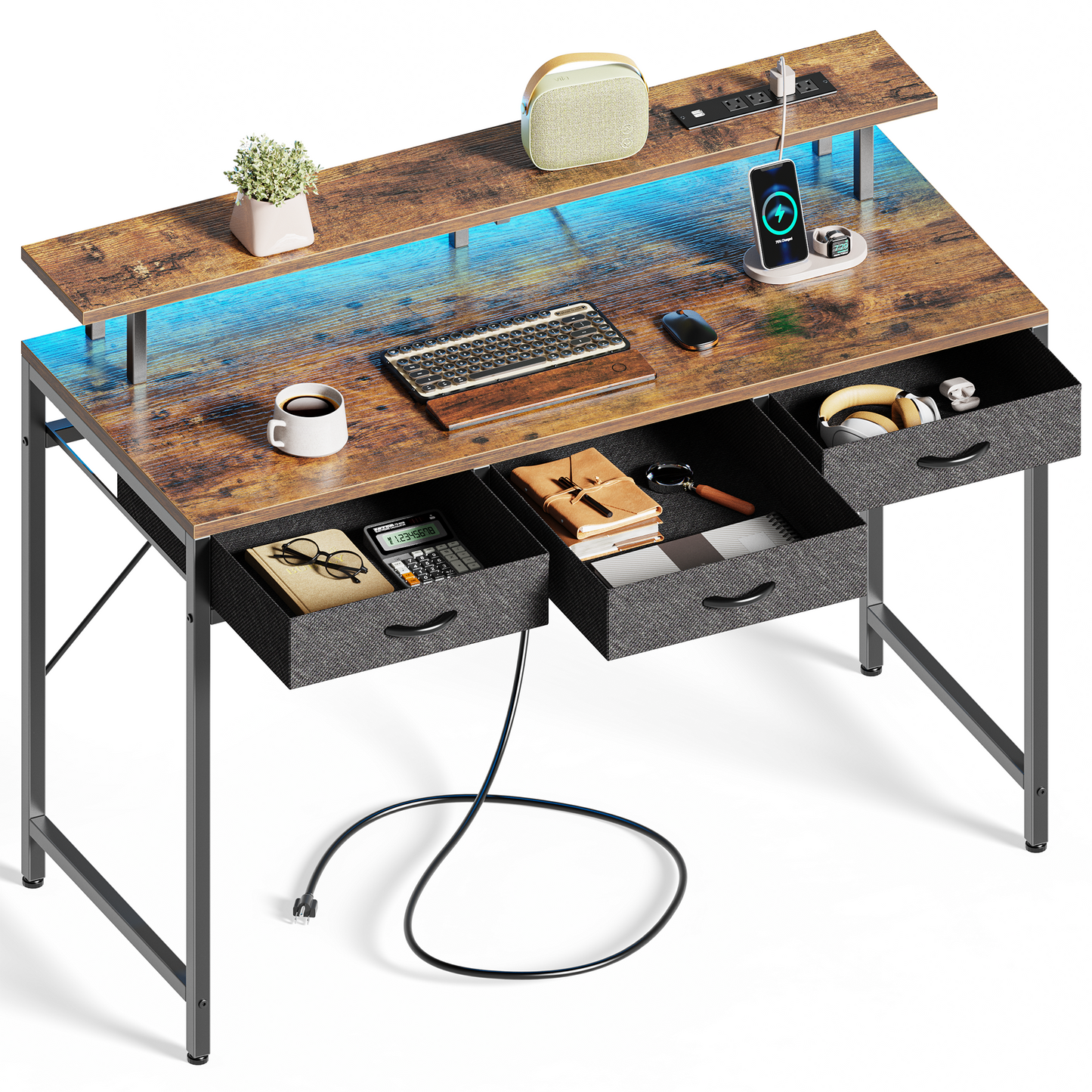 Huuger 47 inch Computer Desk with LED Lights & Power Outlets, Rustic Brown