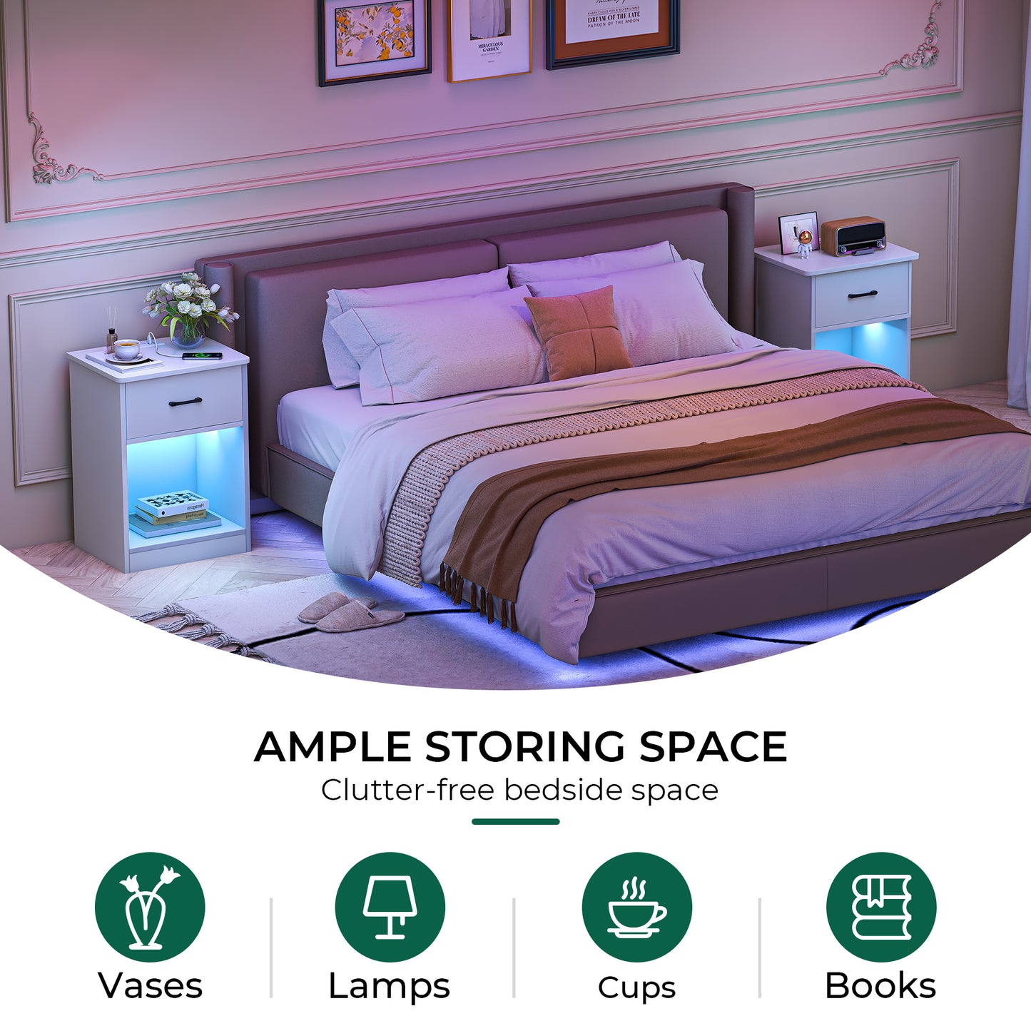 Huuger Nightstands Set of 2, Night Stands with Charging Station & LED Light Strips, Bedside Tables with Drawer, Side Tables Bedroom, Open Storage, White