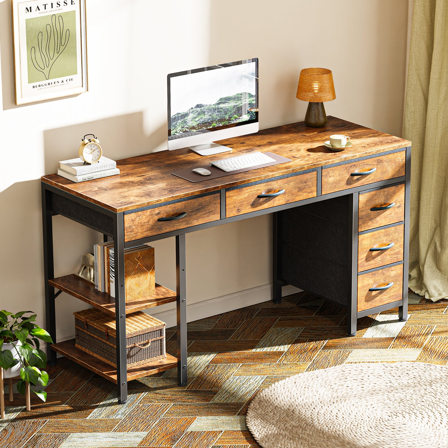 Huuger Computer Desk with 6 Drawers, 47 Inch Office Desk with Shelves, Reversible Gaming Desk, Corner Desk with Storage, Work Desk for Home Office, Study, Living Room, Rustic Brown