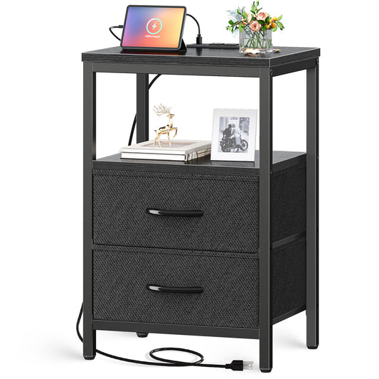 Huuger Nightstand with Charging Station, Side Table with Fabric Drawers, End Table with Open Shelf, Bedside Table with USB Ports and Outlets, Night Stand for Bedroom, Black