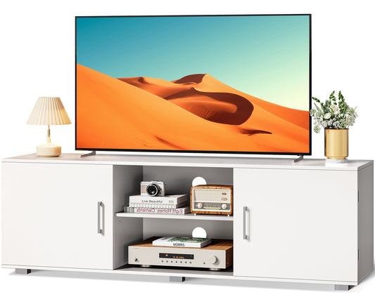 Huuger TV Stand for 55 Inch TV, Entertainment Center with Storage, 2 Cabinets, TV Console Media Cabinet with 6 Cable Holes, White TV Stand for Living Room, Bedroom