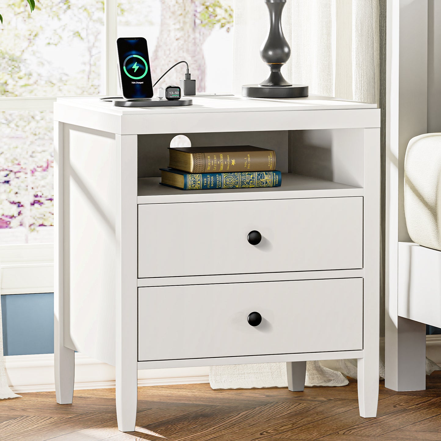 Huuger Night Stand with Charger Station, White Nightstand with 2 Drawers, Bed Side Table with Storage, Modern End Table, Metal Knobs, Painted Surface, for Bedroom