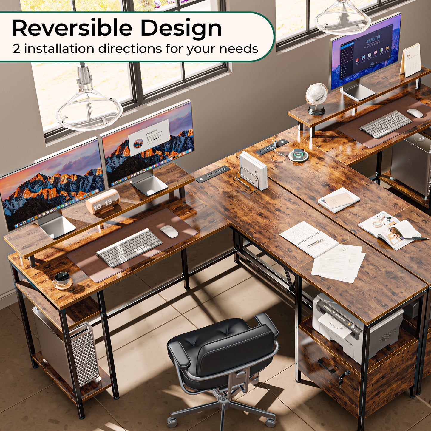 Huuger L Shaped Computer Desk with Power Outlets & LED Lights, Reversible Computer Desk with File Cabinet & Storage Shelves, Corner Desk Home Office Desk, Rustic Brown