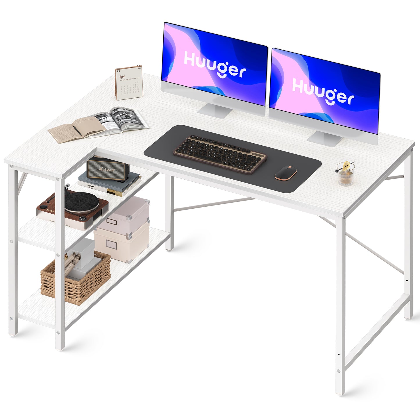 Huuger L Shaped Desk, 47 Inches Computer Desk with Reversible Storage Shelves, Gaming Desk, Corner Desk Home Office Desks, Writing Desk Study Desk with Metal Frame
