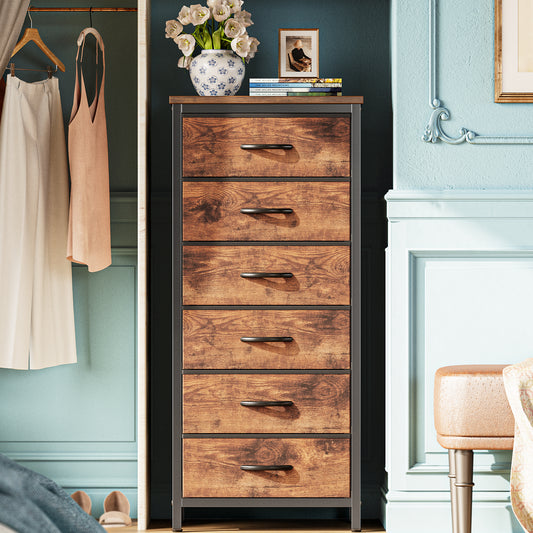 Huuger 6 Drawer Dresser for Bedroom, Tall Dresser & Chests of Drawers, Fabric Dresser for Closet, Bedroom, Night Stand, End Table with Metal Frame, Storage Tower with Fabric Bins, Rustic Brown