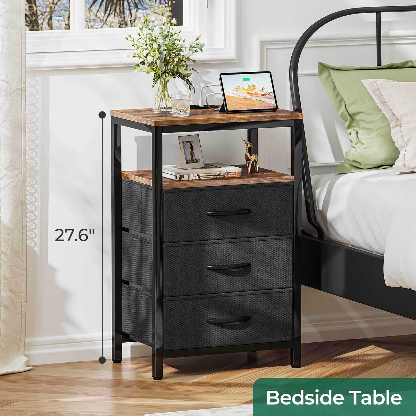 Huuger Nightstand with Charging Station, 27.6 Inch Side Table with Fabric Drawers, End Table Bedside Table with USB Ports and Outlets, Night Stand for Bedroom, Living Room, Rustic Brown