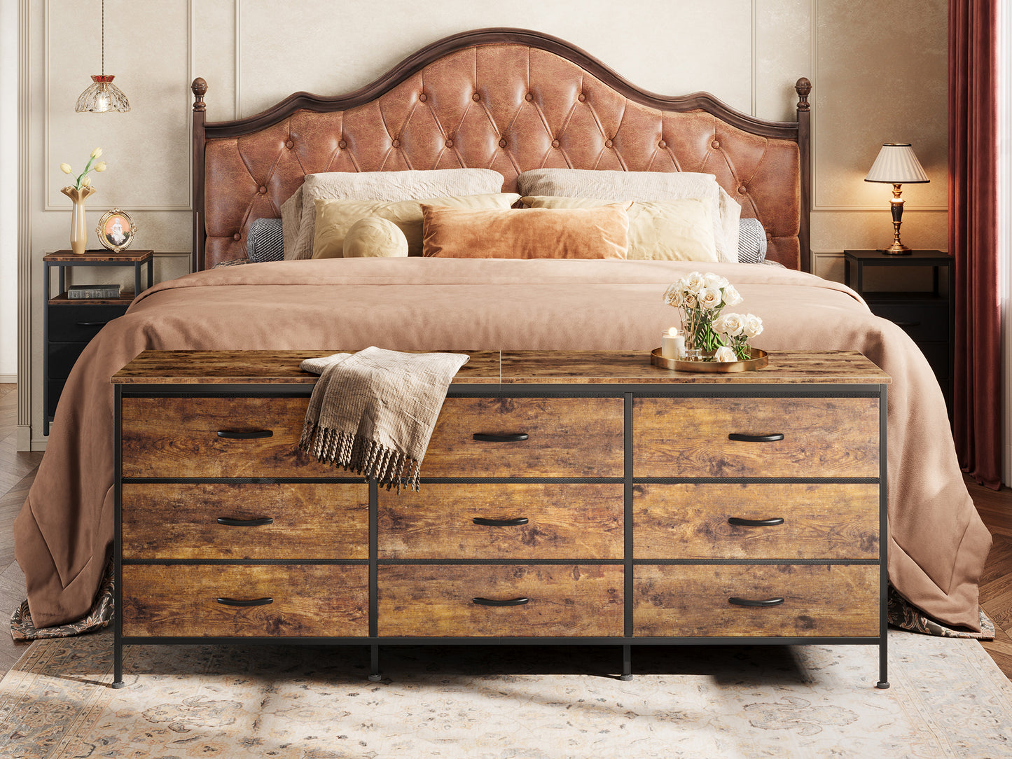 Huuger 9 Drawer Dresser, 63 Inch Dresser TV Stand for 55, 65, 70 Inch TV, Entertainment Center with Drawers, Large Long Fabric Dresser for Bedroom, Closet, Rustic Brown