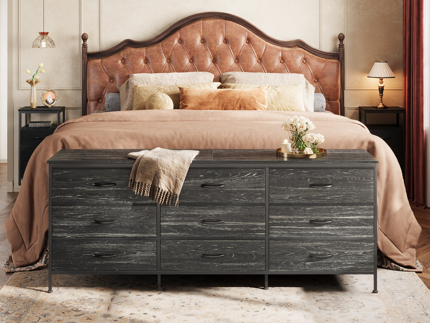 Huuger 9 Drawer Dresser, 63 Inch Dresser TV Stand for 55, 65, 70 Inch TV, Entertainment Center with Drawers, Large Long Fabric Dresser for Bedroom, Closet, Charcoal Black Wood Grain Print