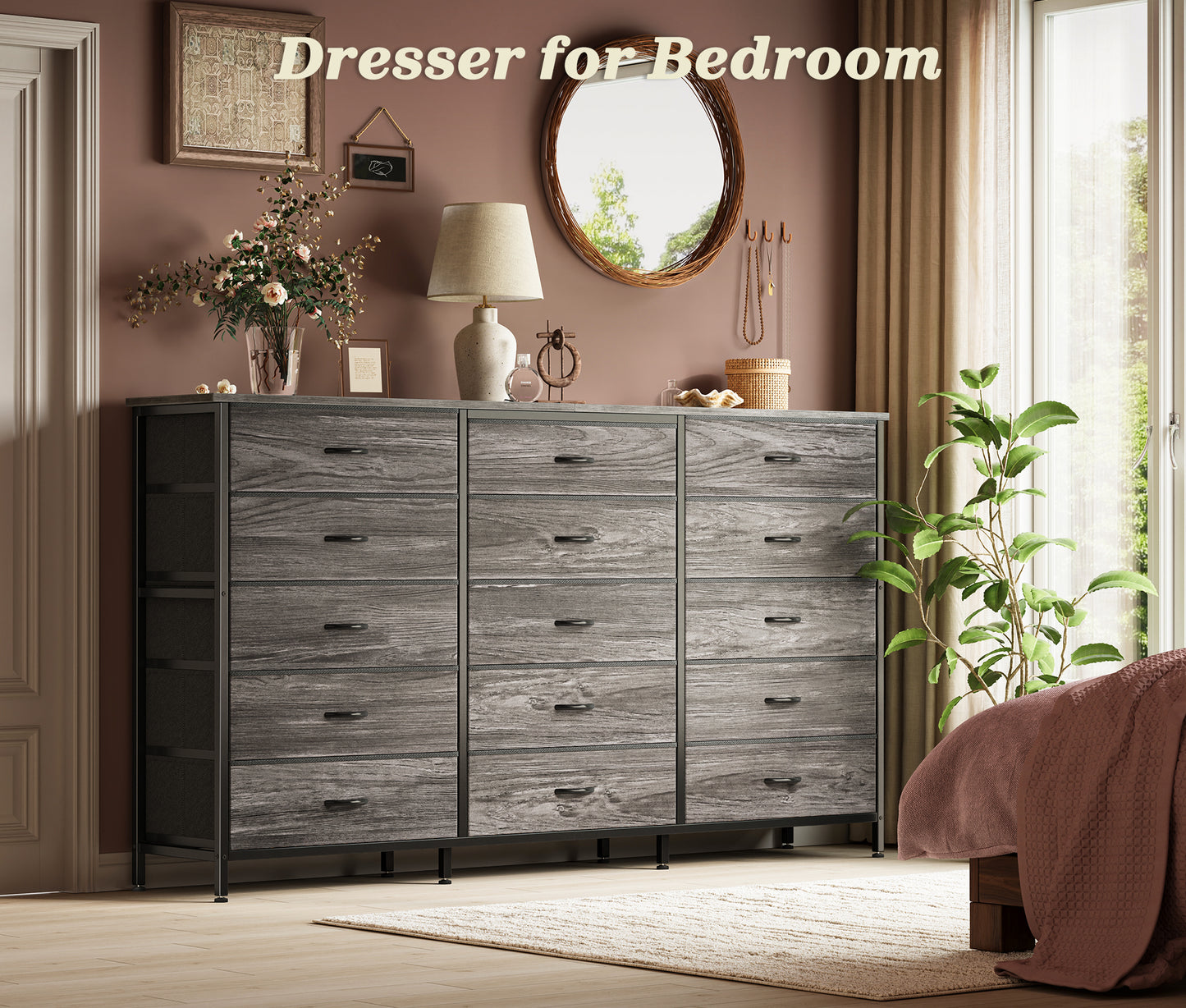 Huuger 63 Inch Long Dresser for Bedroom, TV Stand for 65, 70 Inch TV, 15 Drawer Dresser for Closet, Chest of Drawers, Large Fabric Drawers for Living Room, Grey