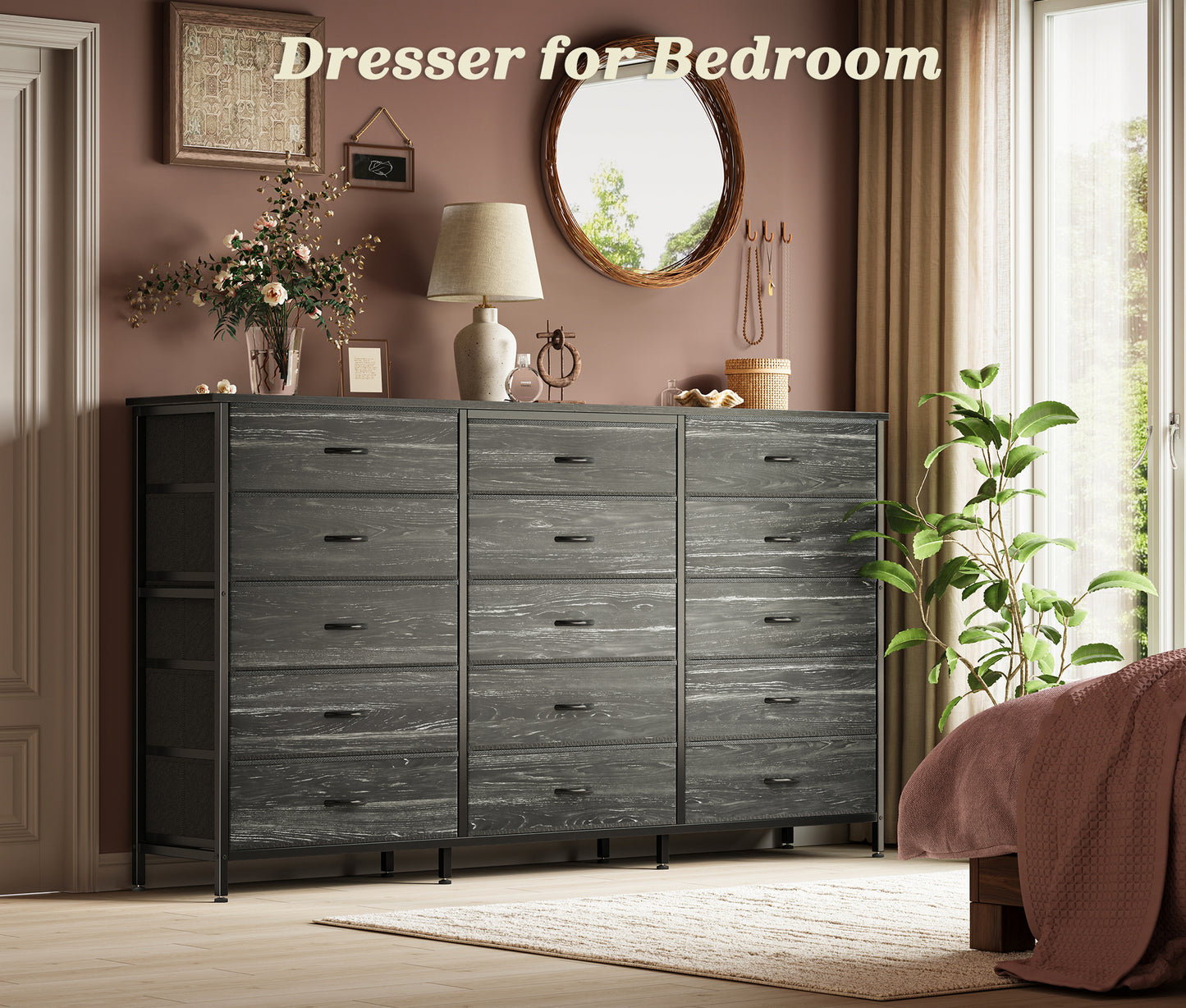 Huuger 63 Inch Long Dresser for Bedroom, TV Stand for 65, 70 Inch TV, 15 Drawer Dresser for Closet, Chest of Drawers, Large Fabric Drawers for Living Room, Charcoal Black
