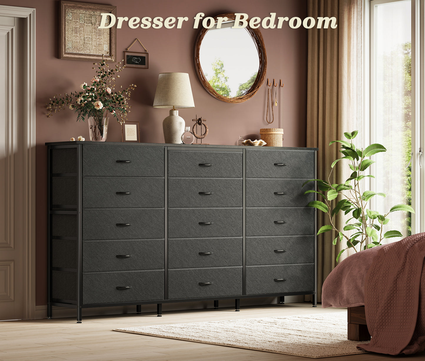 Huuger 63 Inch Long Dresser for Bedroom, TV Stand for 65, 70 Inch TV, 15 Drawer Dresser for Closet, Chest of Drawers, Large Fabric Drawers for Living Room, Black