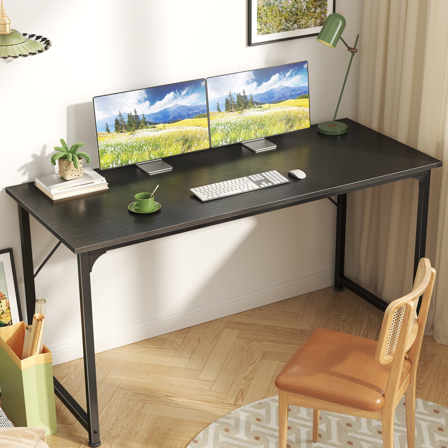 Huuger Computer Desk, 55 Inch Office Desk, Gaming Desk with Storage, Writing Desk Work Desk for Home Office, Study, Modern Simple Desk, Large Legroom, Metal Frame, Black