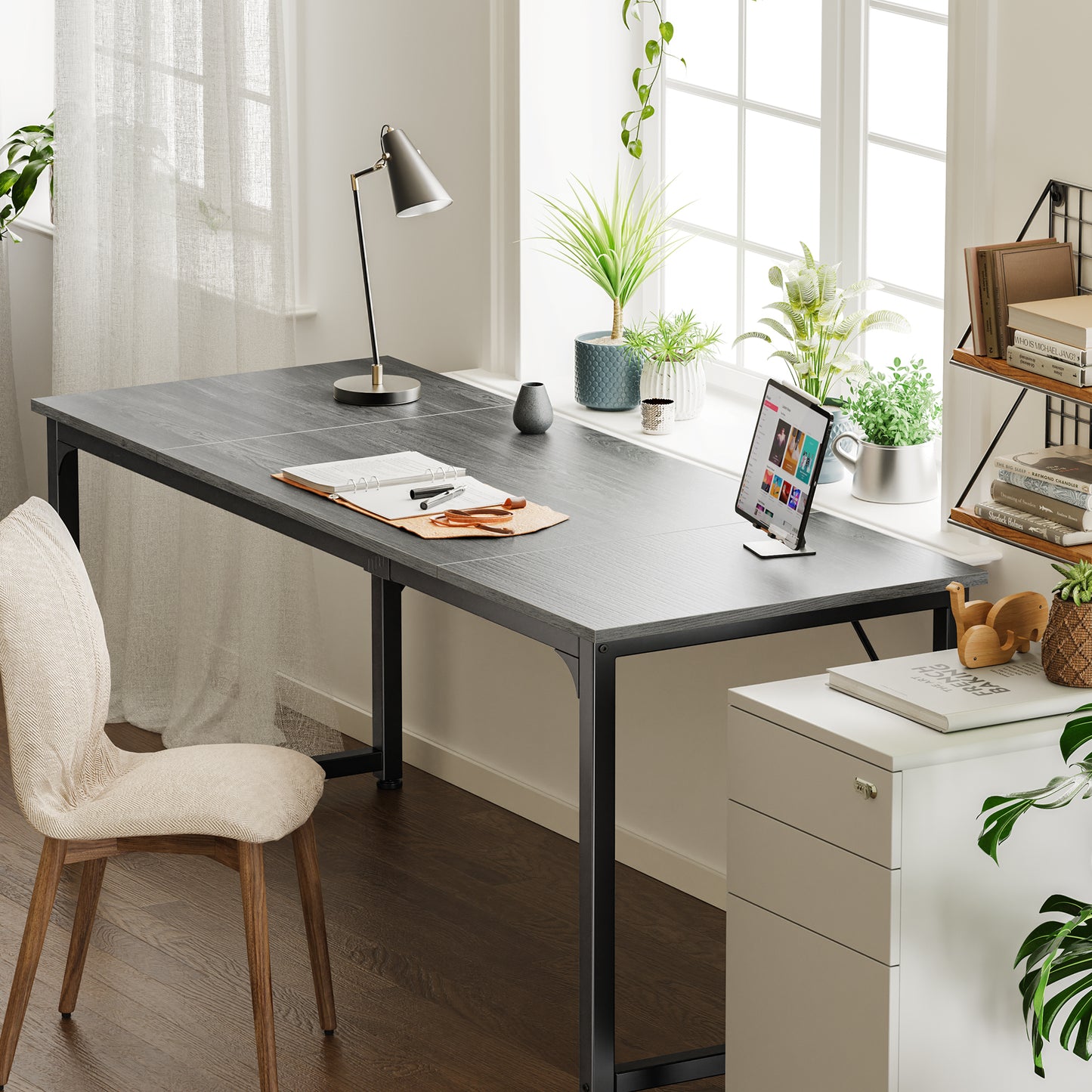 Huuger Computer Gaming Desk, 63 Inch Office Desk With Storage, Writing Work Surface for Home Office, Study, Modern Simple Style, Large Legroom, Metal Frame, Grey