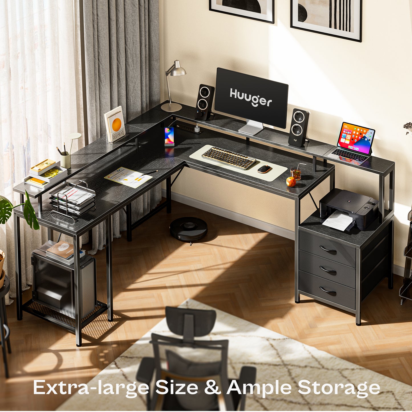 Huuger L Shaped Gaming Desk with LED Lights and Power Outlets, Computer Desk with 3 Drawers, 66.1 Inches Corner Desk, Home Office Desk with Printer and Monitor Stand, Large Storage Space, Black
